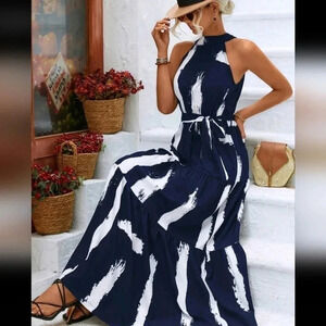 Brush Print Ruffle Hem Belted Halter Dress